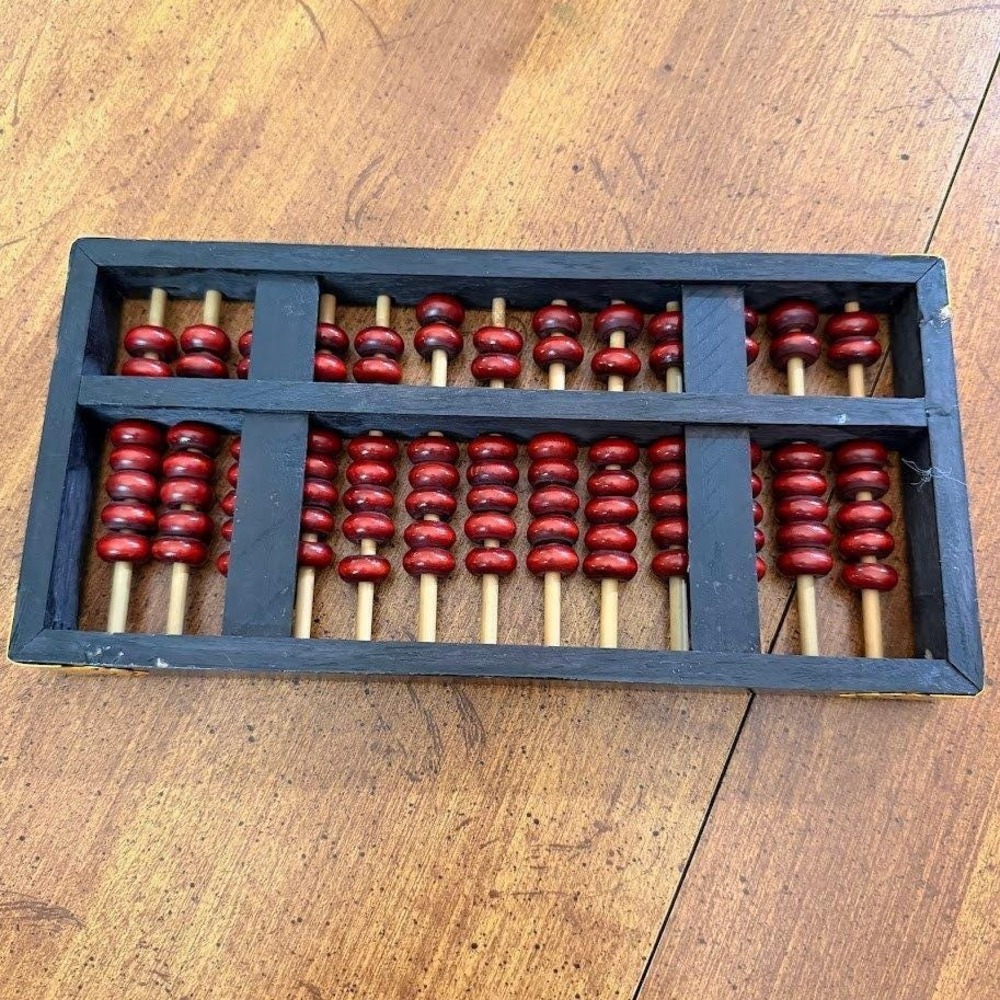 Vintage Chinese Wooden Abacus 13 Column Suanpan Red Beads Black Frame 10.5in - Picture 7 of 12